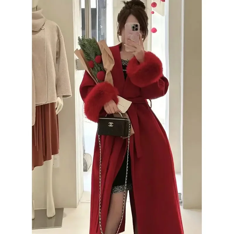 معطف صوفي على الطراز الأوروبي سترة برباط حتى الخصر فرو الثعلب فضفاض كل مباراة سترة طويلة للنساء لخريف وشتاء 2025