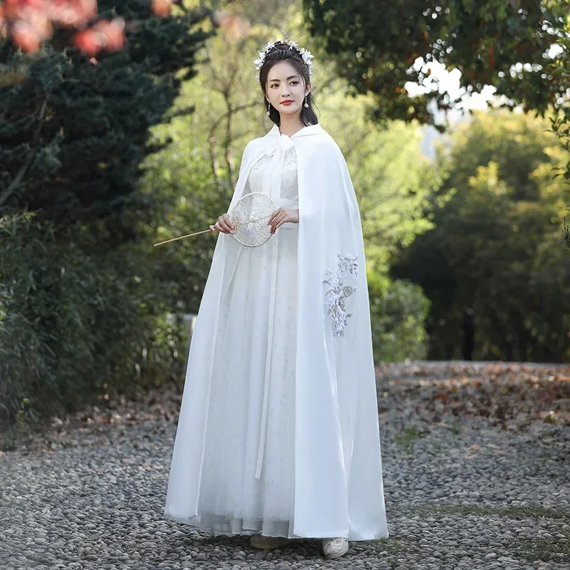 White Cloak Ancient Cloak Women's Han Chinese Clothing Long Hooded Wind-Proof Sunshade Outerwear Coat Chinese Style Ancient