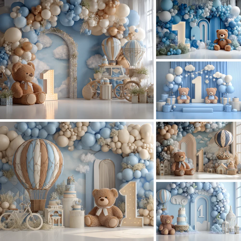 

Beary First Birthday Backdrops Kids Baby Cake Smash Props Child Adult Photocall Decors BlueBalloons Decors Backgrounds