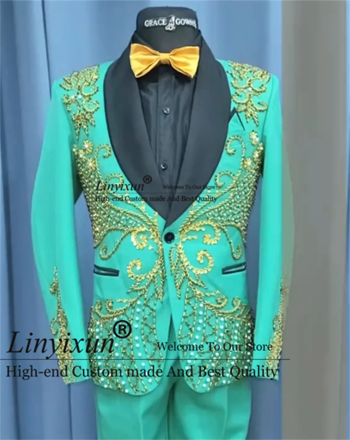 

Sparkly Ornament Crystal Men Suit Slim Fit Party Wedding Groom Tuxedos 2 Piece Set Male Prom Blazers Customized Costume Homme