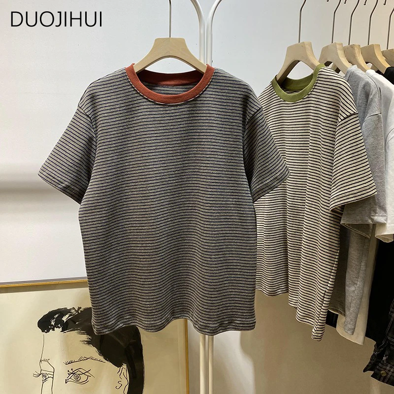 DUOJIHUI Classic O-neck Chic Striped Contrast Color Female T-shirts Korean New Basic Simple Casual Loose Fashion Women T-shirts