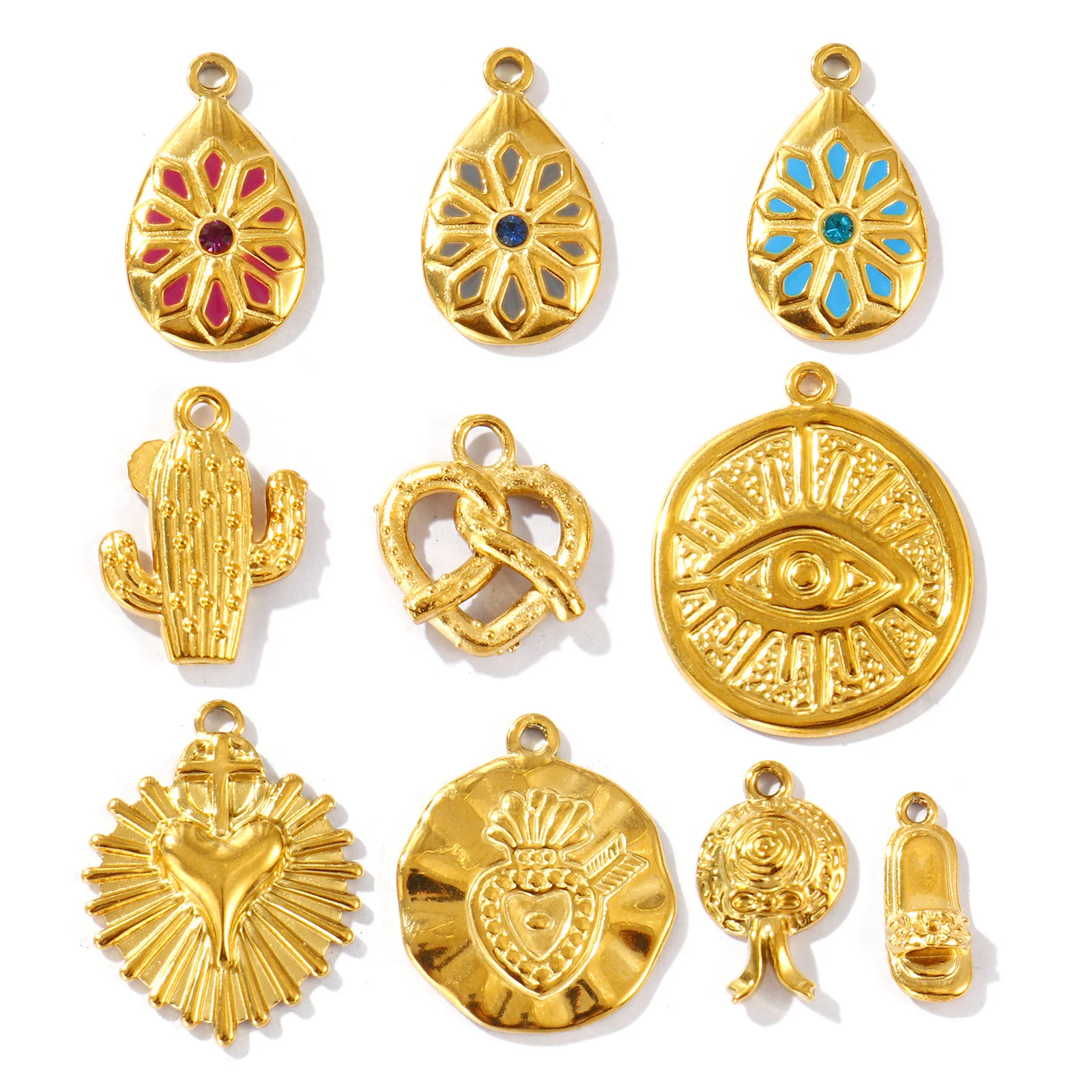 2 pièces, breloques en acier inoxydable 304, rondes, œil de Dieu, goutte d'eau, pantoufles, cactus, plaqué or 18 carats, pendentif pour collier, fabrication de bijoux DIY