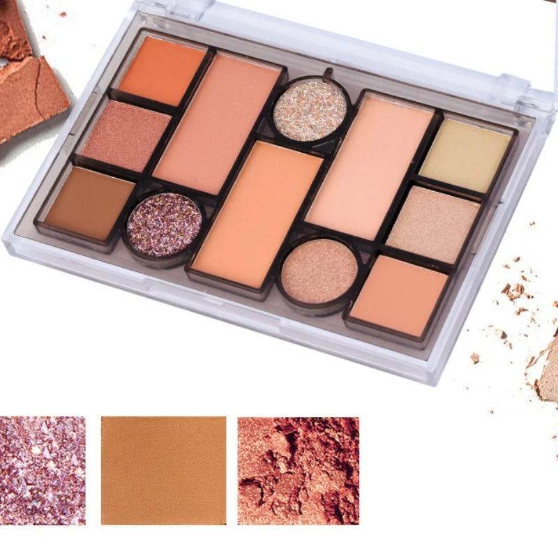 12 Color All in One Orange Pink Face Palette Matte Shimmer Blush Bronzer Eyebrow Powder Eyeshadow for Professional Makeup Looks