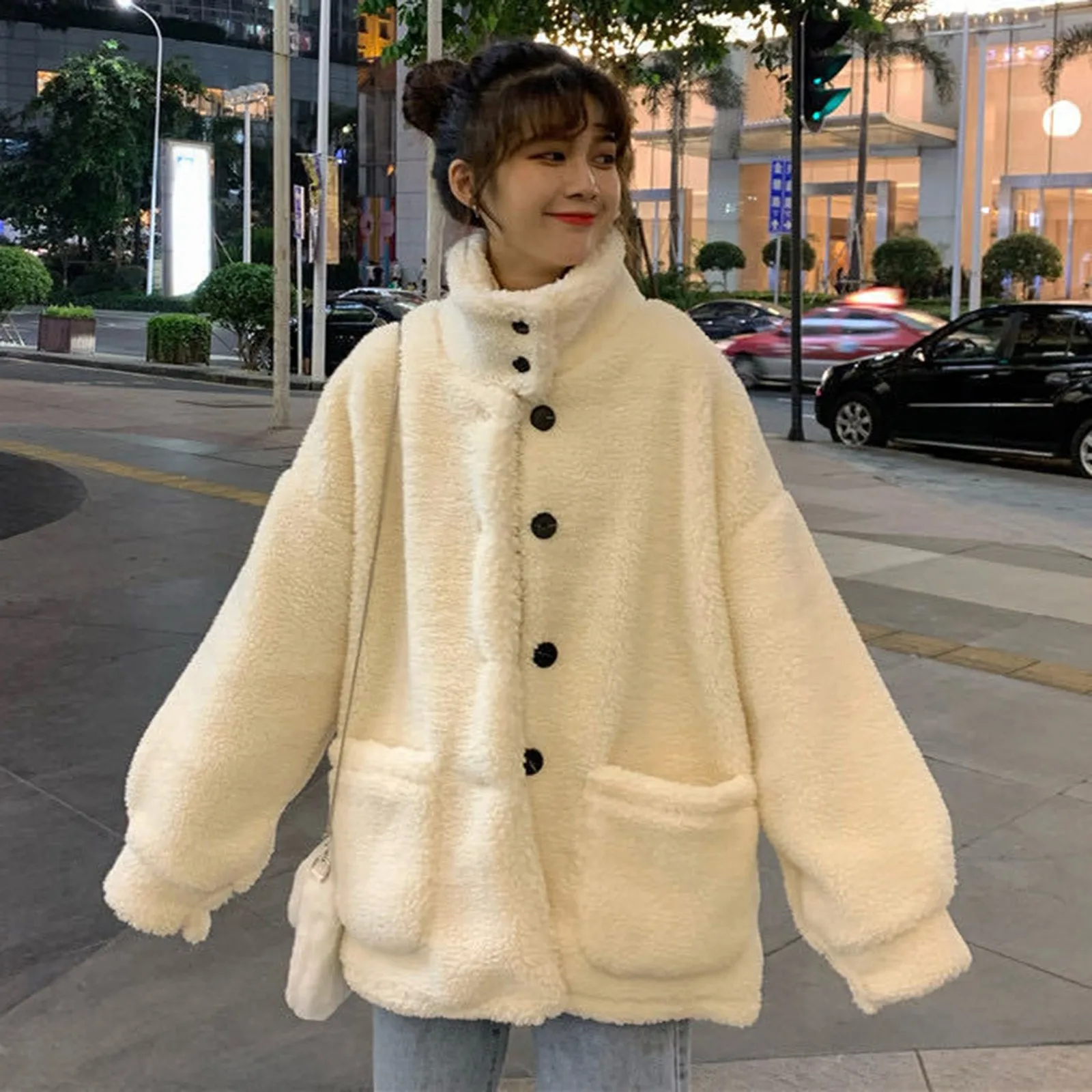 

Female Jacket Womens Korean Thickened Fuzzy Cardigan Kawaii Girls Fleece Coat Winter Lolita Tops Cute Jk Bomber Jackets Female