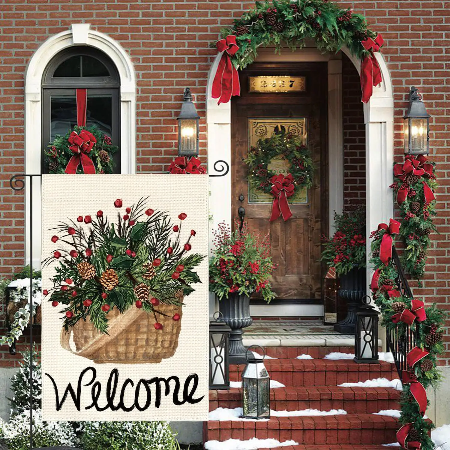 AVOIN colorlife Welcome Holly Red Berries Garden Flag 12x18 Inch Double Sided, Winter Christmas Farmhouse Yard Outdoor Decoratio