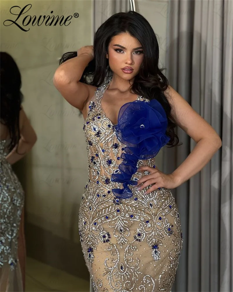 2024 Blue Champagne Arabic Party Dresses Mermaid Halter Prom Gowns Long Aso Ebi Crystals Second Reception Birthday Evening Dress