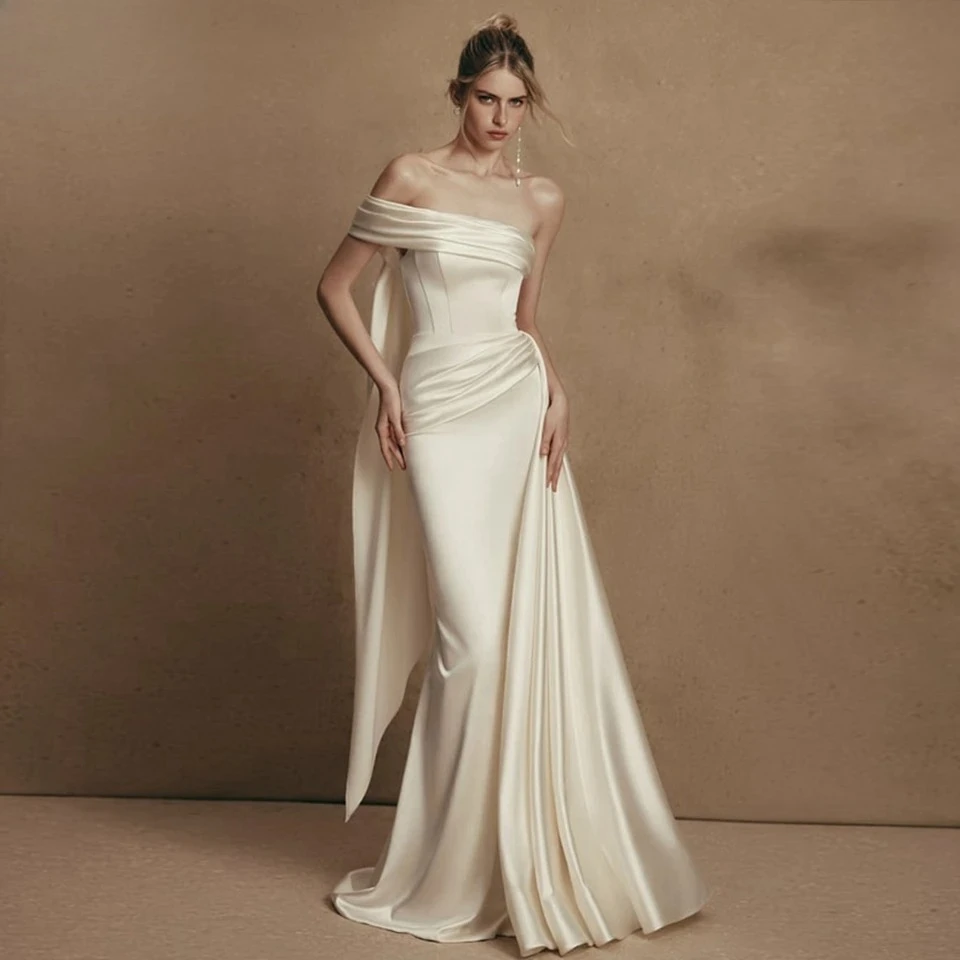 Customized Charming Champagne Off The Shoulder Wedding Dresses Boho Mermaid Sleeveless Floor Length Satin Zipper Bridal Gown