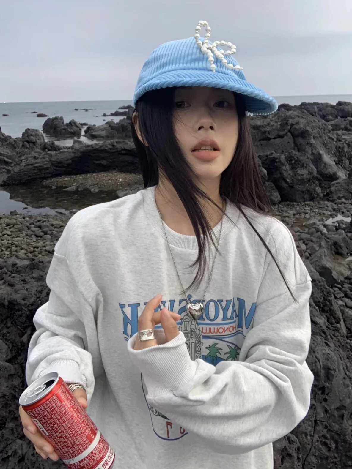 Coreano Sle Lazy Stampa digitale rotonda Ne Baby Velluto Felpa da donna Streetwear Lungo Sve Fce Foderato Loose Fit Cotto...