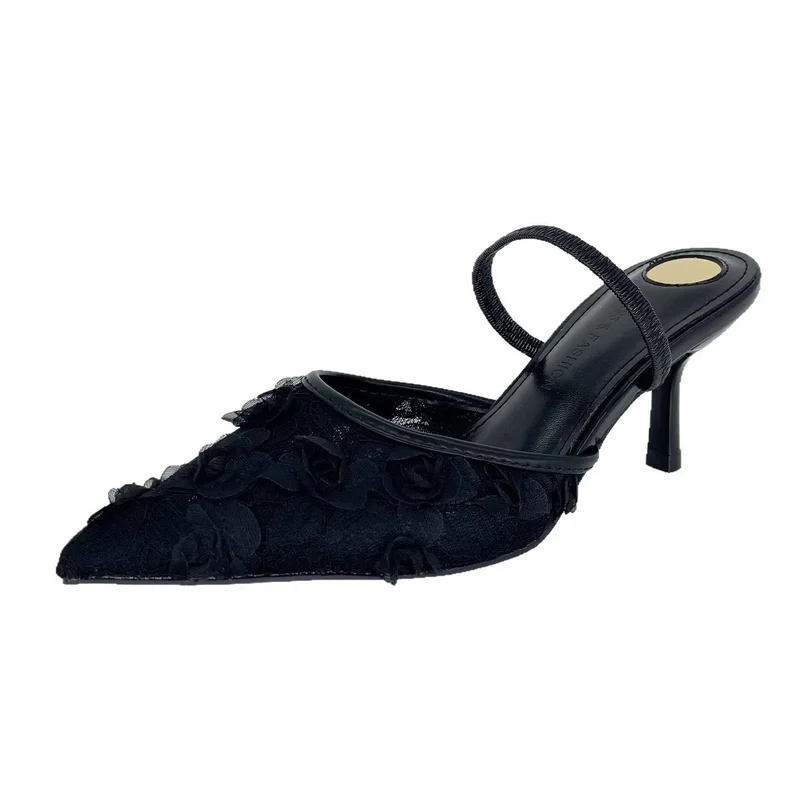 2025 Women's High Heel Sandal Luxury Elegant Designer Mesh Open Heel Sandals Shoes Sexy Lace Upper Pumps Stiletto Lady Mules