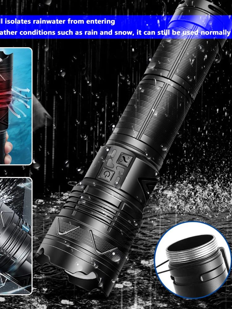 10000LM superhelle GT60 LED-Suchlichter, Teleskop-Zoom, wasserdicht, wiederaufladbar, Taschenlampe, 5 Lichtmodi, Powerbank-Funktion