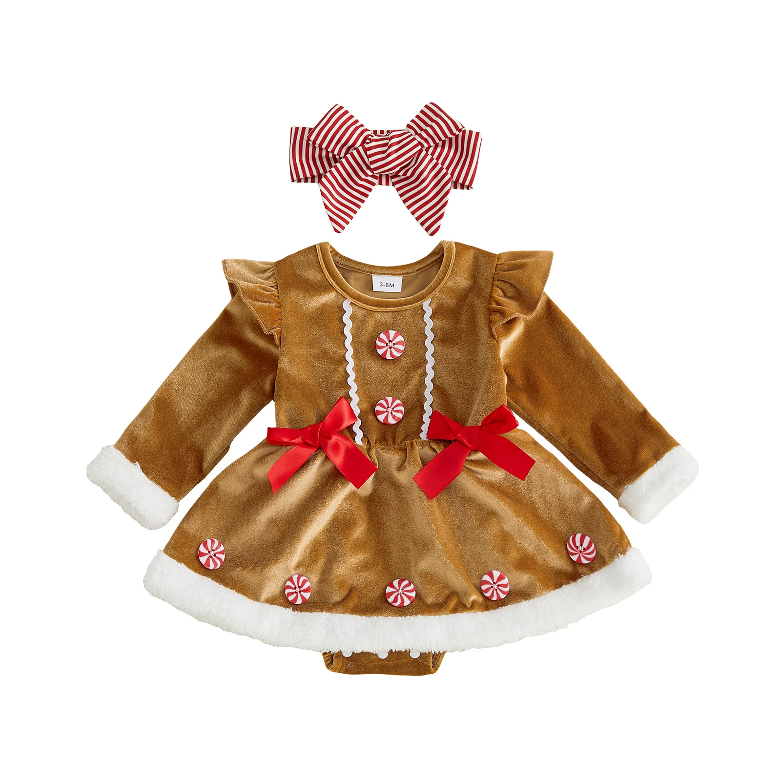 New Years Infant Girl Christmas Outfit Xmas Warmer Long Sleeve Crew Neck Contrast Color Bow Decor Velvet Romper Dress Headband