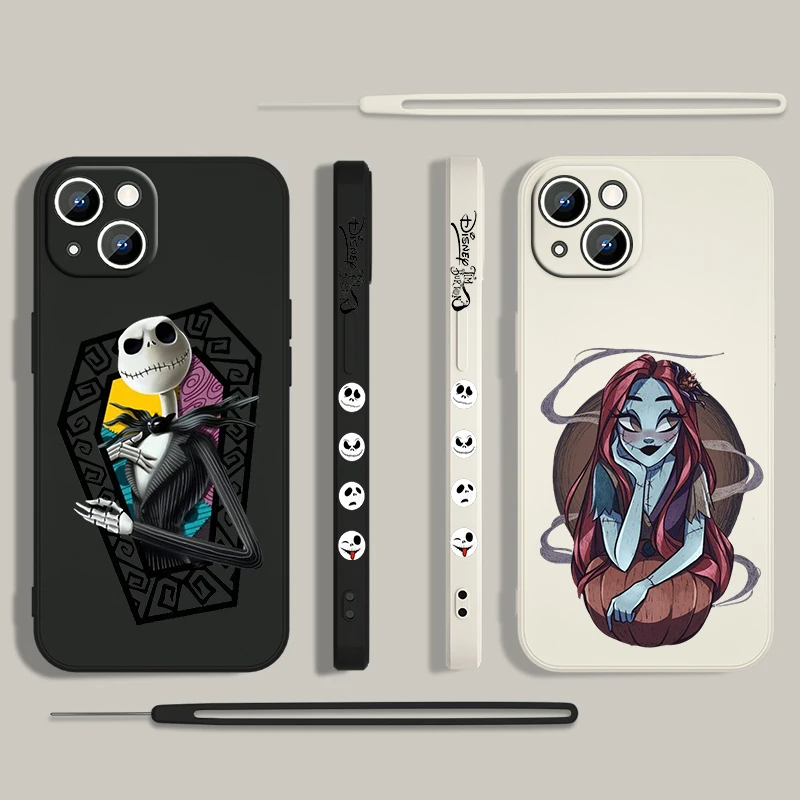 Jack Skeleton Sally Phone Case For Apple iPhone 15 14 13 12 11 Pro Max Plus 8 7 SE Liquid Left Rope Capa Cover