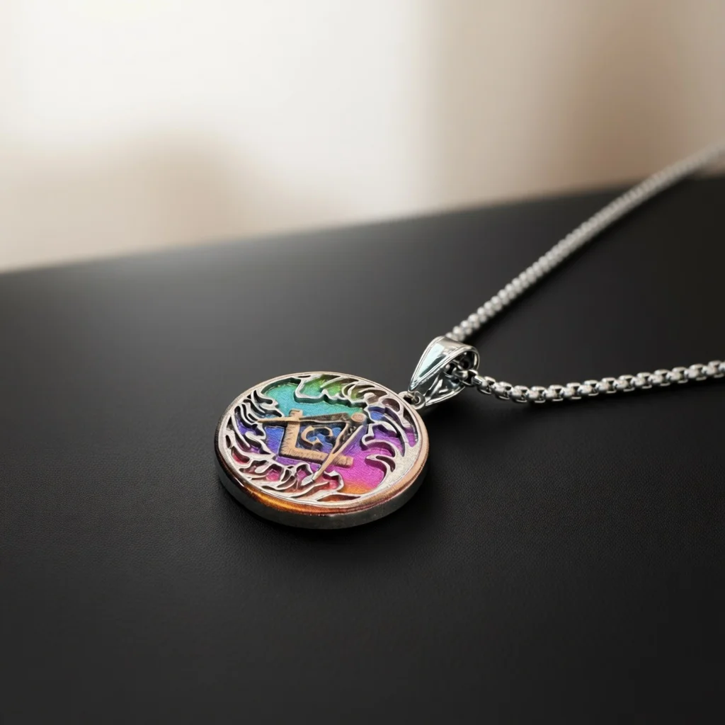 Boho Silver Tone Copper Chain Necklace for Women, Round Rainbow Enamel Hollow Pattern Pendant Jewelry for Daily Party Matching