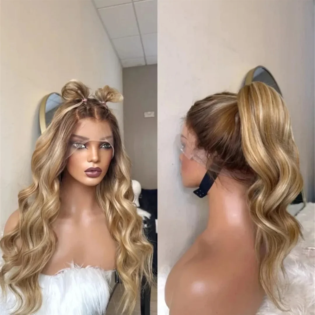 Soft Natural 18inch Wave 180 Density Deep Glueless Fashion Ombre Blonde HD lace front wig Preplucked for women Heat Resistant