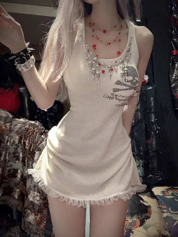 Skull Knitted Dress Women Mini Mesh A-line Sleeveless Elegant Gothic Punk Y2k Clothes Summer Sexy Dark Kawaii Vestidos Vintage