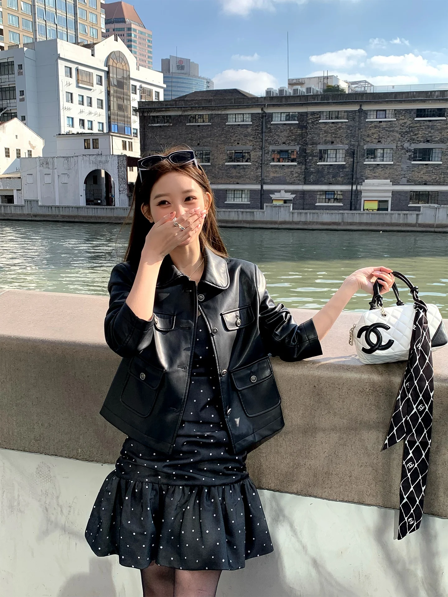 

Retro Bla PU Leather Jaet Women's Spring Autumn New Sle Four ket Biker ort Coat Casual Loose Fit Ladies Coat