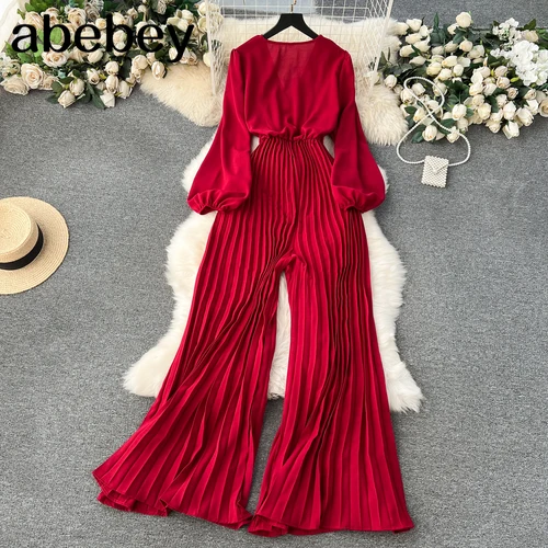 Imagen 2 del producto Nuevos monos de otoño con cuello en V para mujer, manga larga abombada, diseño de cinturón, pantalones plisados sueltos de piernas anchas, ropa de calle, monos OL de moda