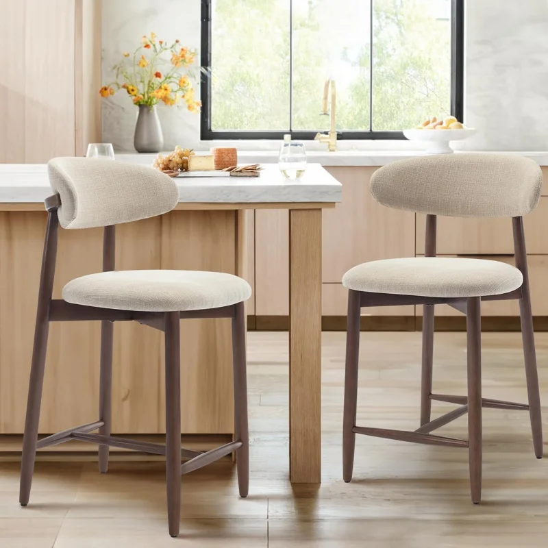 Set of 2 Counter Height Bar Stools, Beige Mid Modern Upholstered Bar Stools with Backrest and Solid Wood