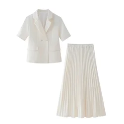 PB&ZA 2024 Summer New Women's Fashion and Elegance Casual Commuting Versatile Short sleeved Suit Pleated Half Skirt Set