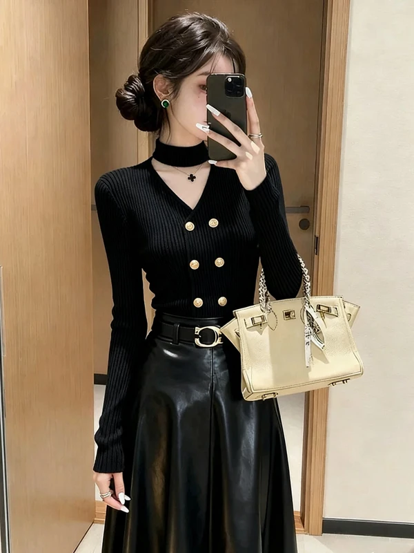 

Двубортный вязаный свитер Neline для женщин, с длинными рукавами, приталенный, черный, высококачественный, модный топ