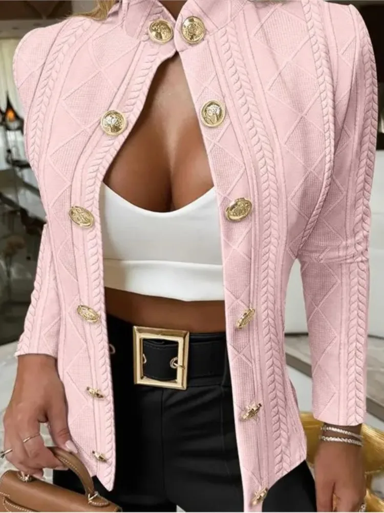 Spring Autumn Solid Cardigan Jacket Woman's Fashion Standing Collar Single-row Buckle Long Sleeves Coat Lady Simple Style Coats