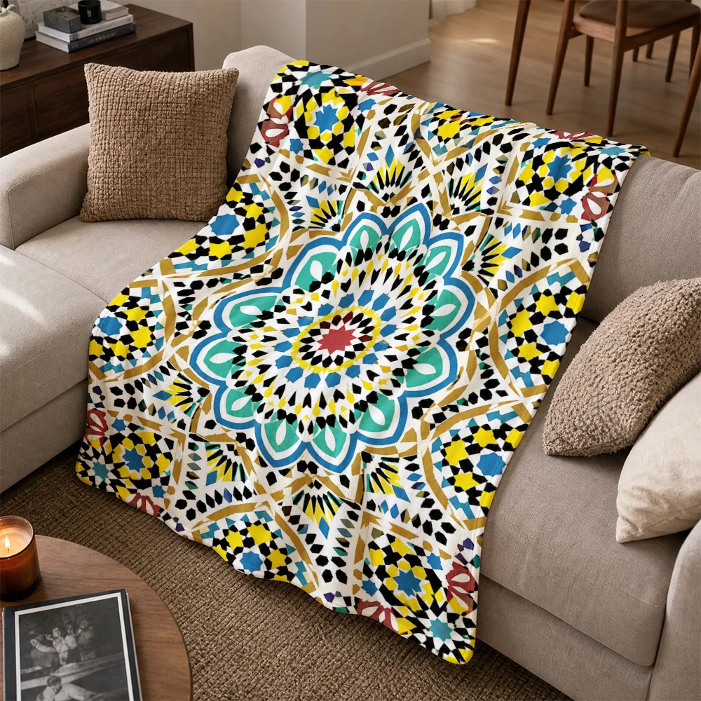 Bohemian Geometric Mandala Print Throw Blanket Sofa Cover Tapestry Living Room Decor Accent Throw Multi Color Design Textile
