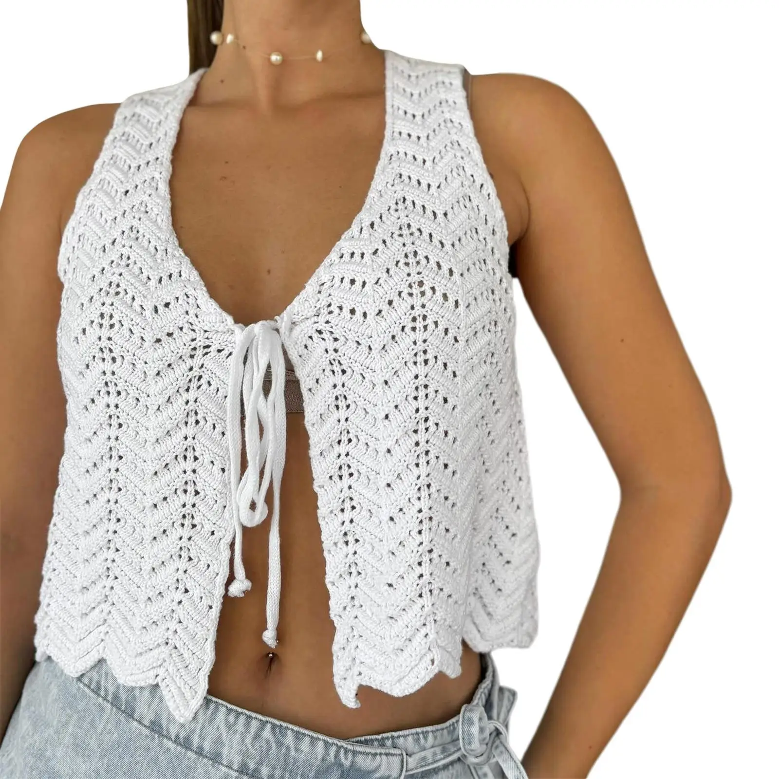

White Black Hollow Lace Up Short Knitted Vest for Women 005