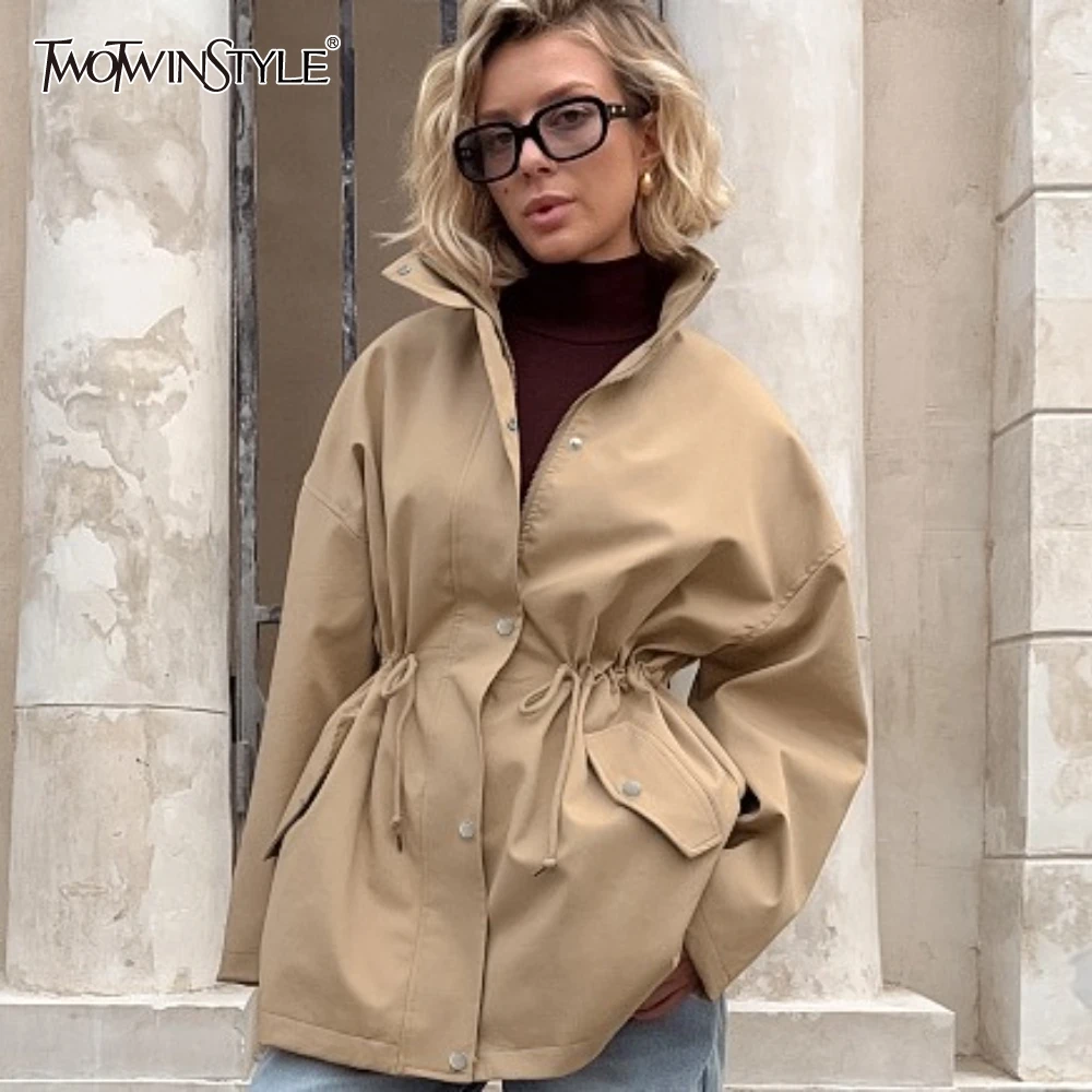 

TWOTWINSTYLE Khaki Basics Mid Style Jacket for Women Stand Collar Long Sleeve Spliced Drawstring Casual Loose Windbreaker Female