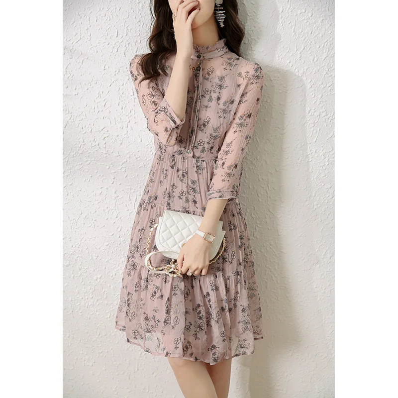 Literary Style Mulberry Silk Dress 2024 Summer New Women's French Retro Light Mature Style Broken Flower Silk Skirt