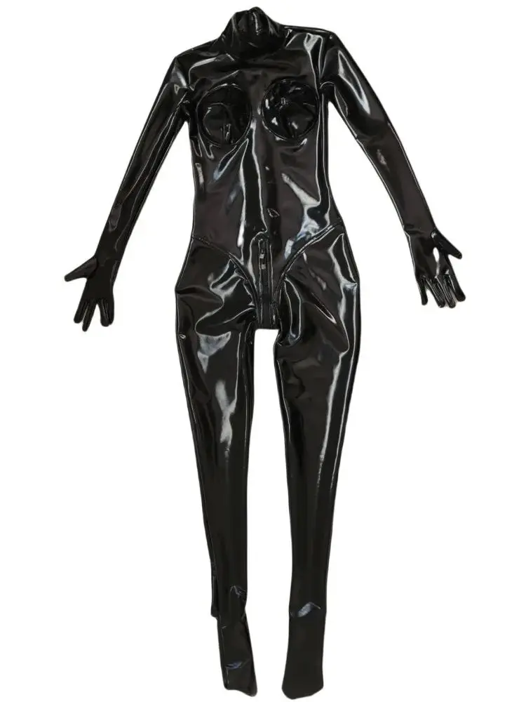 S-5XL ثلاثية الأبعاد التمثال الرطب نظرة PVC Catsuit أصابع بوديستوكينج لامعة بولي Leather الجلود 3 سستة مفتوحة المنشعب ارتداءها الجوارب يوتار الملتصقة