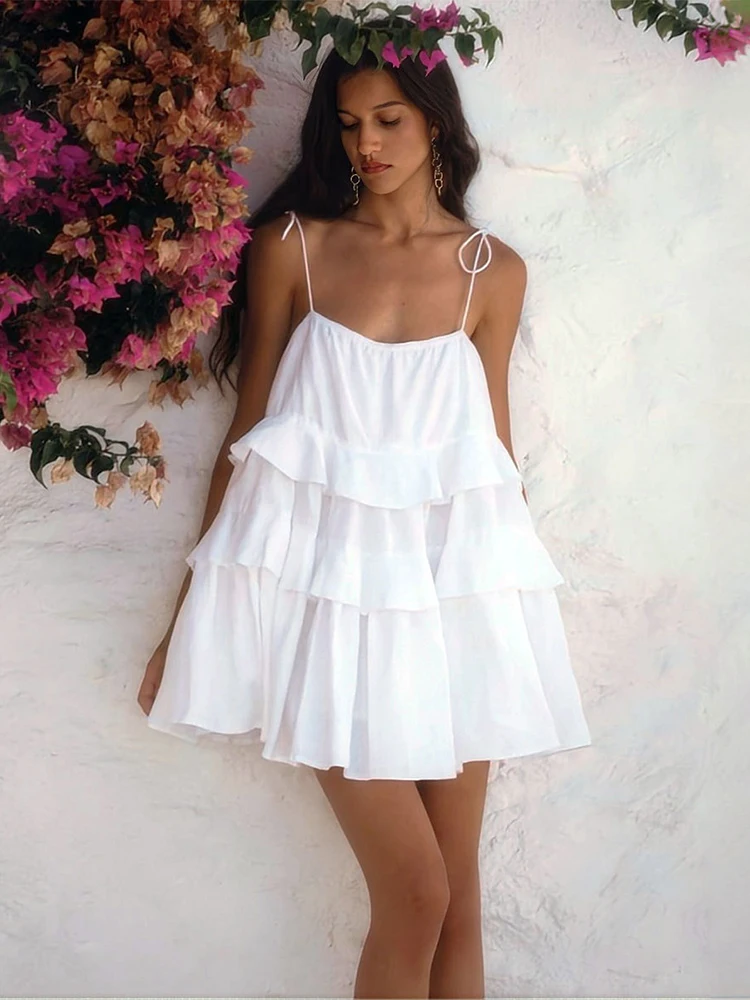 

TARUXY Multi-Tiered Ruffle Cake Dress Short Backless Suspender Dress Woman Summer Fashion Solid Sweet Girl Birthday Party Dress
