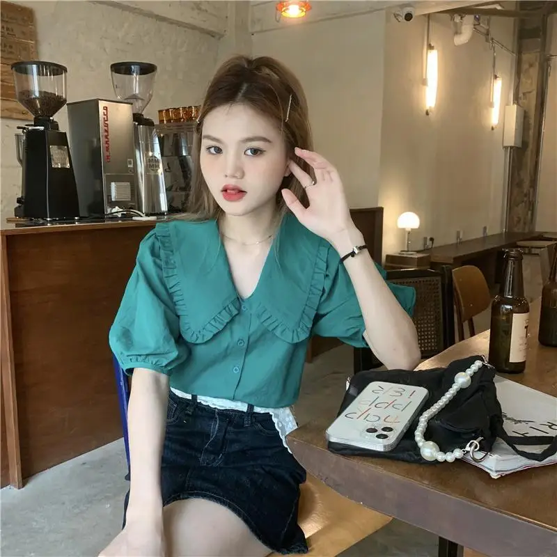 

Women's Shirts and Blouses with Puffy Sleeves Top for Woman Collar Clothing Green Button Up Kawaii Cute Luxury Designer New 2024