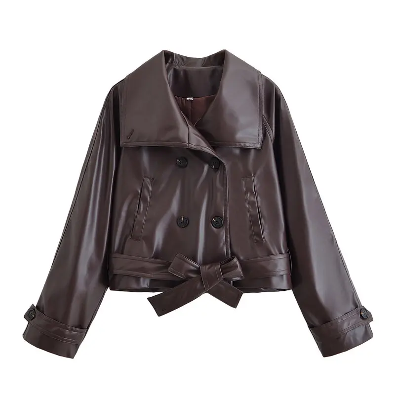 Autunno 2025 Jaet in pelle sintetica da donna Colletto alla coreana con cintura Capispalla versatile Casual Sle Long Sve Cappotto da donna