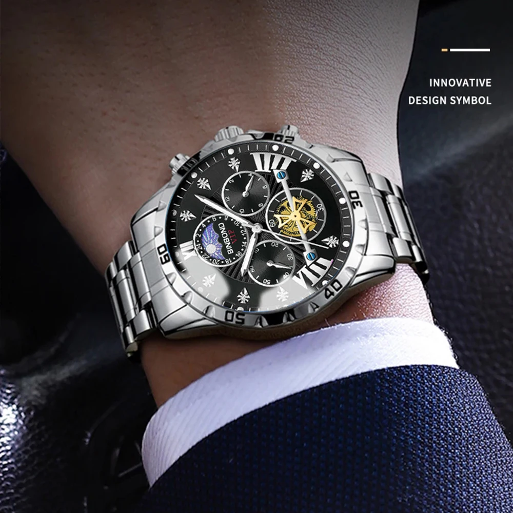 BINBOND رجال الأعمال الساعات العلامة التجارية الأعلى ساعة كوارتز أصلية للرجل مقاوم للماء مضيئة دولاب الموازنة كرونوغراف القمر المرحلة 3103G