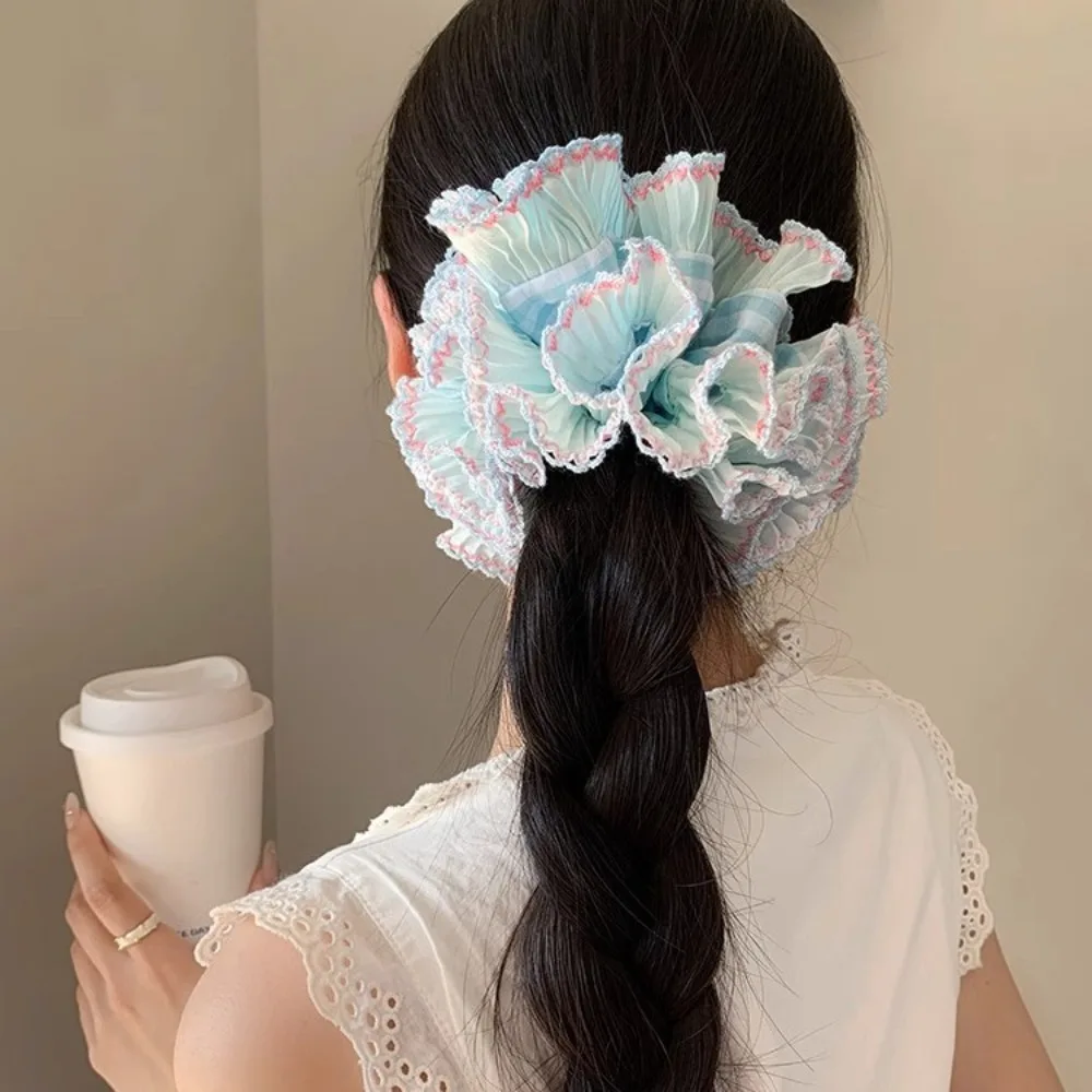 أزياء مطاطا منقوشة Scrunchies متعدد الطبقات الكورية نمط كبير الدانتيل الشعر التعادل القماش ذيل حصان حامل مبالغ فيها الشعر الدائري يوميا #5