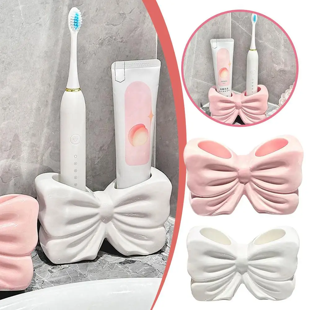 Ceramic Bow Toothbrush Holder - Creative Toothbrush and Toothpaste Storage Rack for Bathroom Organization 1pcs