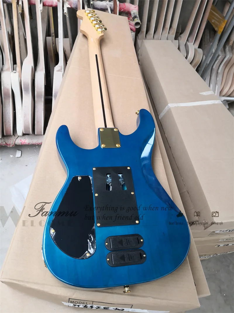 Blue Electric Guitar PC-1 Body Squilted Maple Veneer Maple Fingerboard Tremolo Bridge SSH Pickups Active Battery Gold Tuners