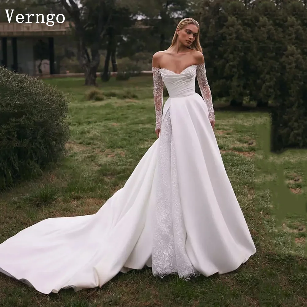

Verngo lvory Satin Wedding Dress Off The Shoulder A Line Bridal Gowns Women Elegant Ball Bride Dresses Customized