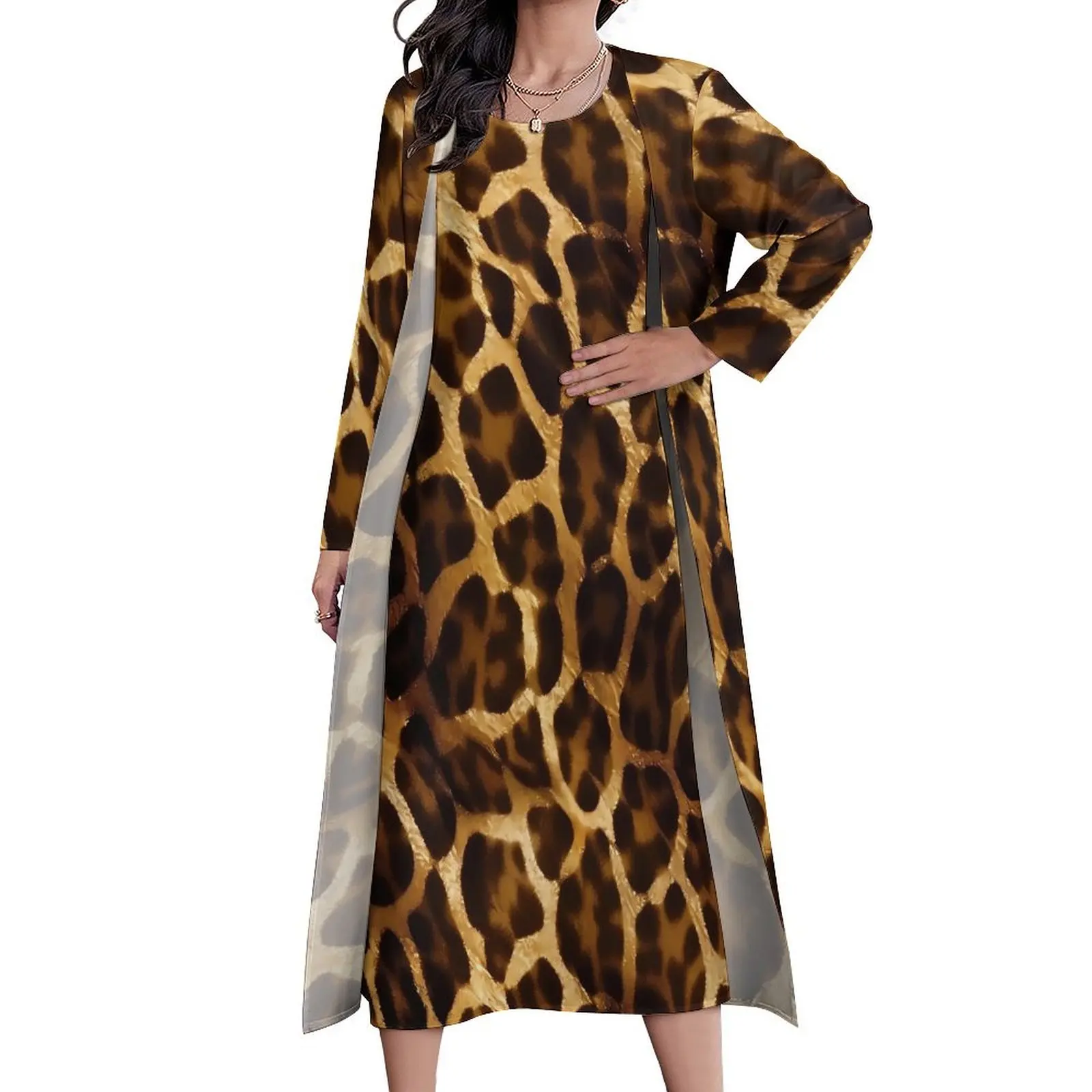 Gold Giraffe Print Artwork Dress Long Sleeve  Street Wear Bohemia Long Dresses Ladies Kawaii Maxi Dress Birthday Present