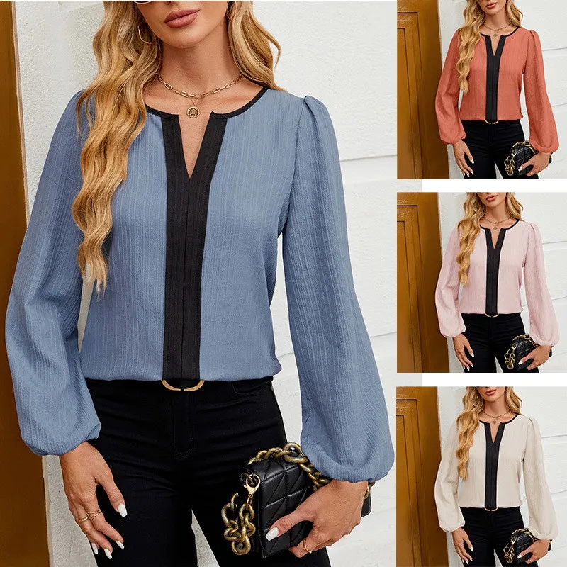 Boho Vintage Blouses Spring Fall New Color Block V-neck Puff Long-sleeve Casual Loose Shirts Elegant Women Tops Streetwear