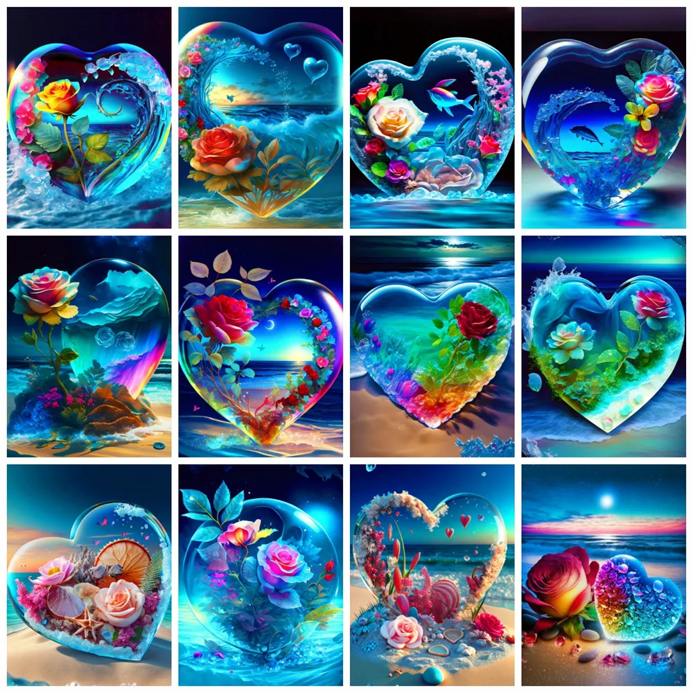 

5D Diamond Painting Kit Heart Seaside Landscape Full Square Round Mosaic Embroidery Rose Flower Home Decorations