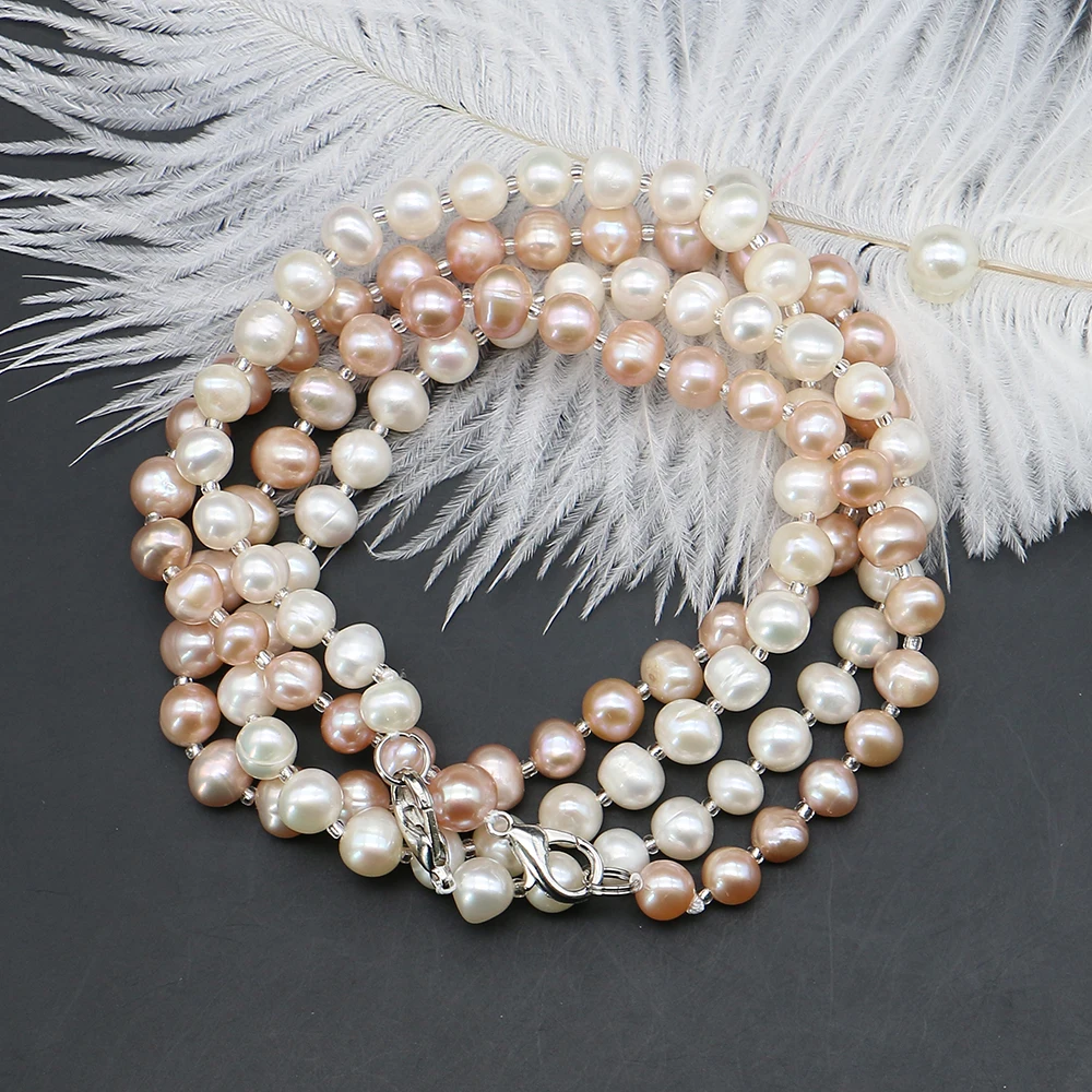 

7-8mm Pink/white Natural Freshwater Baroque Pearl With Silver Lobster Clasp Necklace Finished Woman Pearl Necklace 1strand/pack
