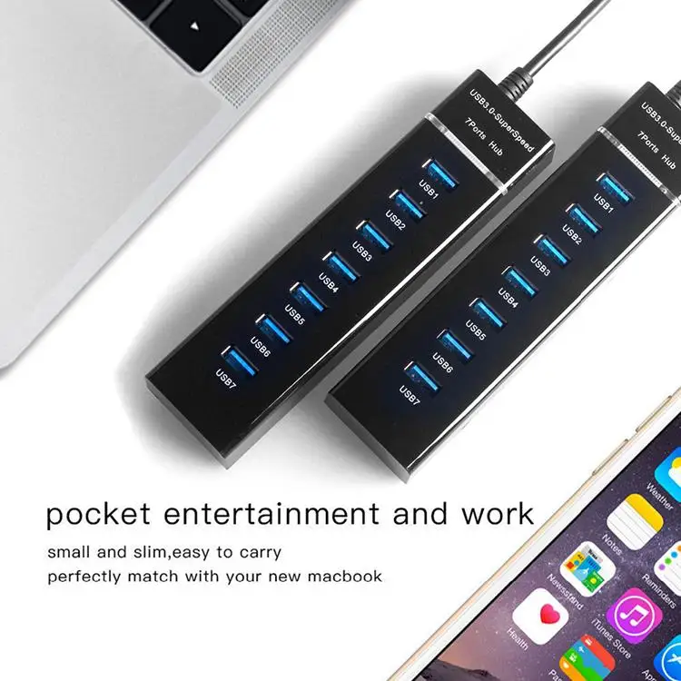 120cm 7-Port USB 3.0 Hub 5Gbps High Speed Multi-Function Splitter Long Cable USB Hub Adapter for Laptop PC Computer MacBook