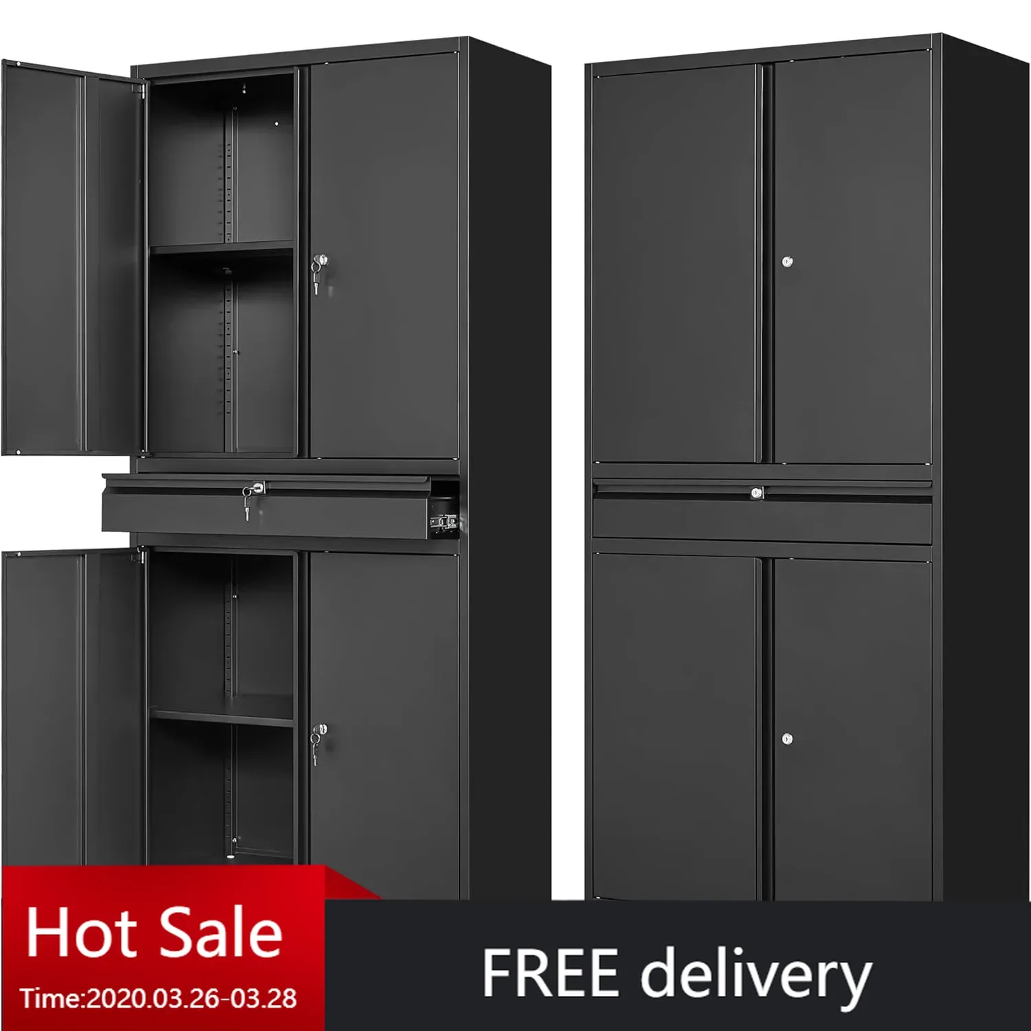 Metal Garage Storage Cabinet w/ Wheels,Rolling Tool Cabinet with 4 Door Lock-Adjustable Shelves and 1 Drawer(Black with Wheels)