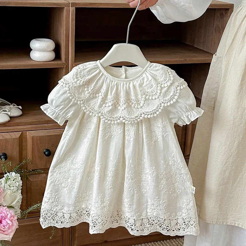2026 New Summer Sister Clothing 2-6Yrs Baby Girl Birthday Party Dress Short Sleeved Cotton Embroidery Kids Princess Dresses