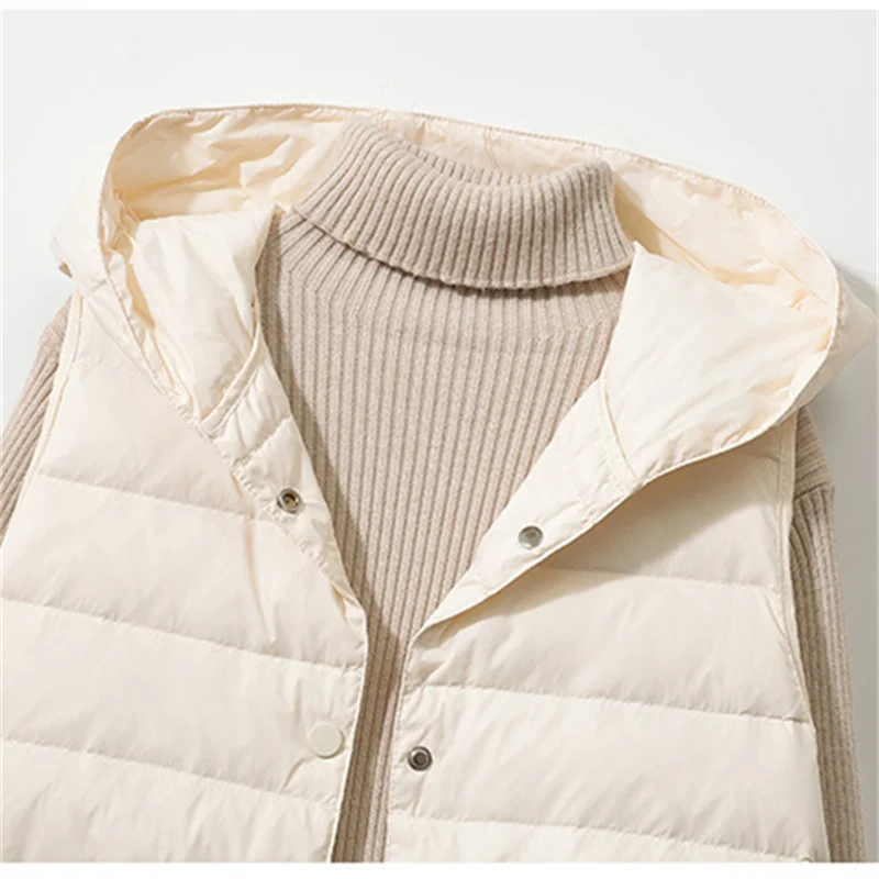 Chaleco con capucha para mujer, chaqueta ultraligera de plumón de pato blanco, Parka corta sin mangas, cálida, otoño e invierno, novedad