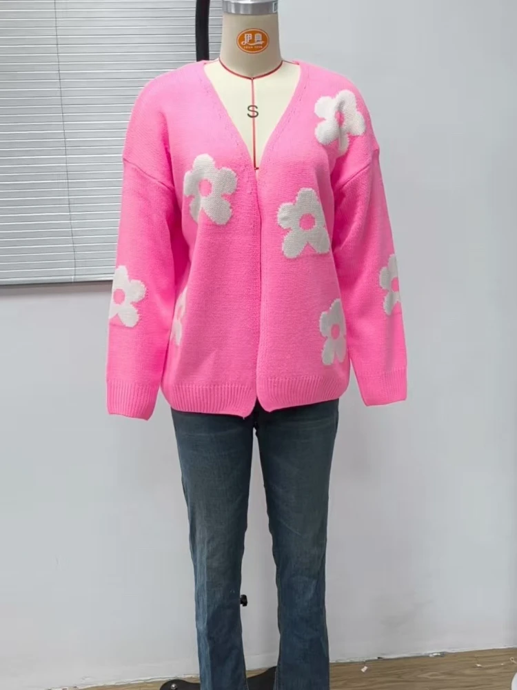 Winter Herfst Vrouwen Oversized Vest Gedrukt V-hals Koreaanse Mode Lange Mouw Tops Casual Gebreide Trui voor Dameskleding
