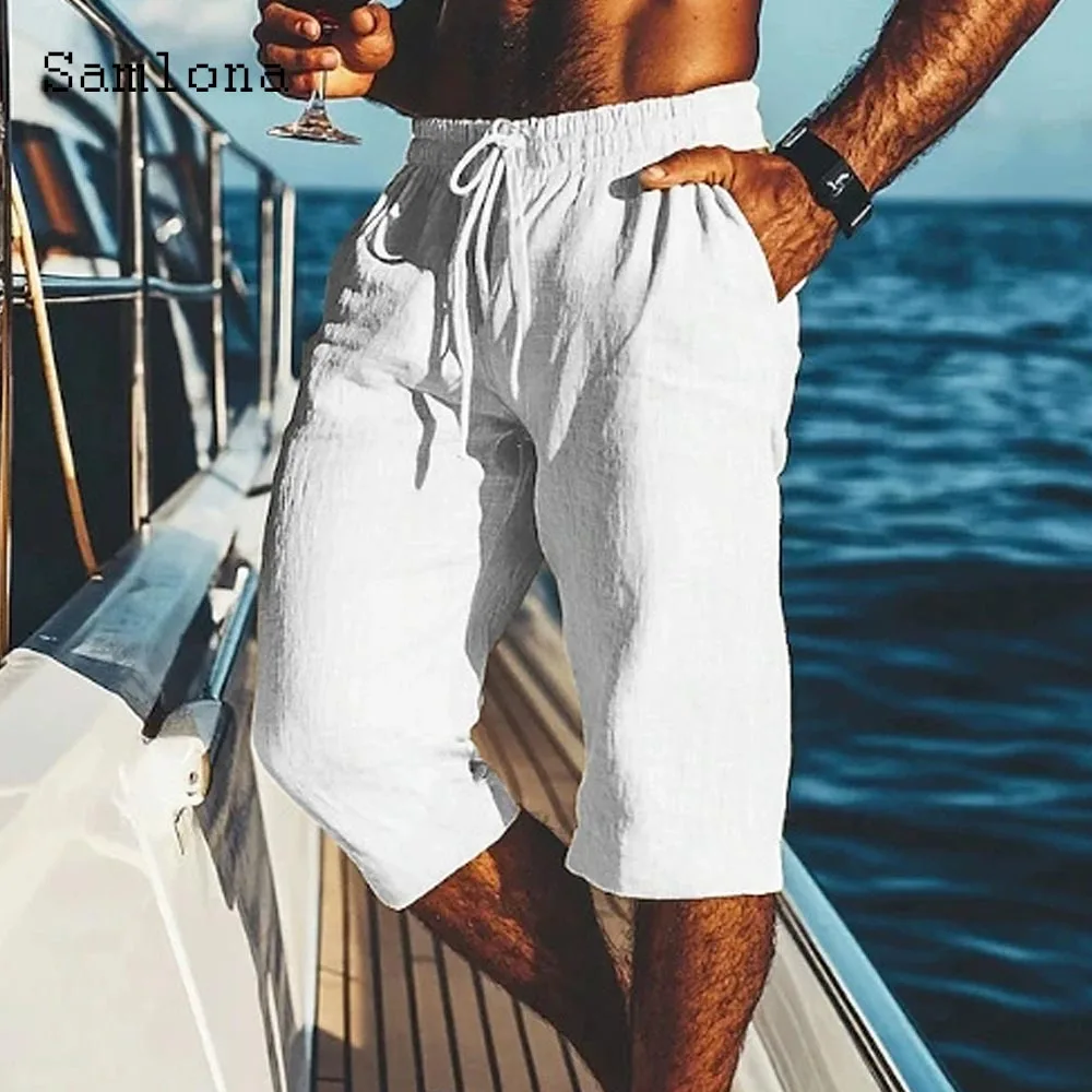 

2025 мужские повседневные пляжные шорты с карманами-стойкой, однотонные хлопковые шорты, мужские капри на шнурке, сексуальная мужская одежда, большие размеры S-3XL