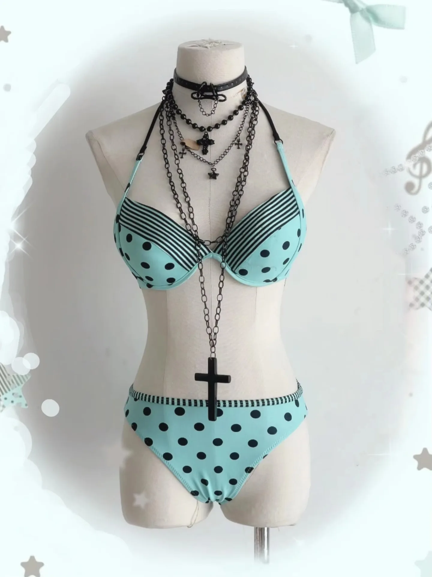 2026 Neuer Y2K Süßer, cooler mintgrüner Wellenpunkt-Bikini mit hängendem Hals und geteiltem Badeanzug, 3-teiliges Set mit Kuchenrock für Damen – Detail 1