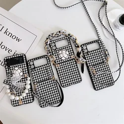 Cute Pearl Flower Hand Rope Chain Phone Case For Samsung Galaxy Z Flip 4 3 2 Cover Crossbody Houndstooth Cases For Z Flip3 Flip4